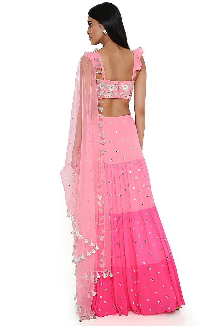 Coral & Pink Georgette Embroidered Ombre Wedding Lehenga Set by Payal Singhal at Pernia's Pop Up Shop