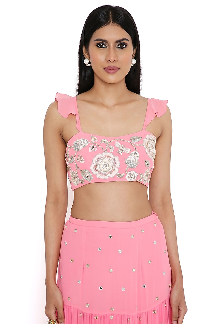 Coral & Pink Georgette Embroidered Ombre Wedding Lehenga Set by Payal Singhal at Pernia's Pop Up Shop