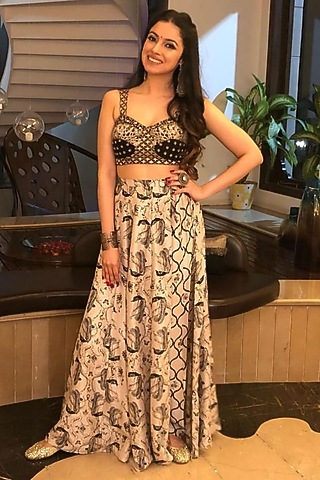 Black Embroidered Bustier with Blush Printed Lehenga Pants by Payal Singhal