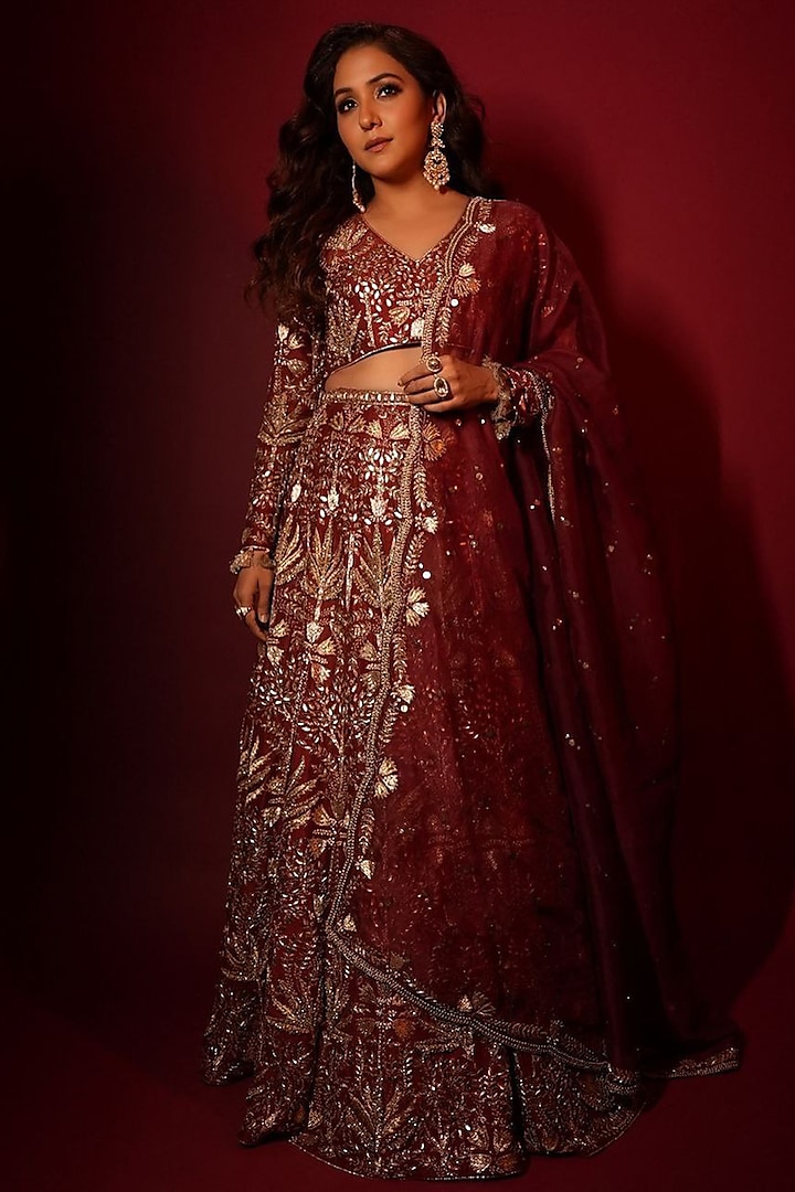 Dark Red Dupion Silk Embroidered Bridal Lehenga Set by Payal Singhal at Pernia's Pop Up Shop