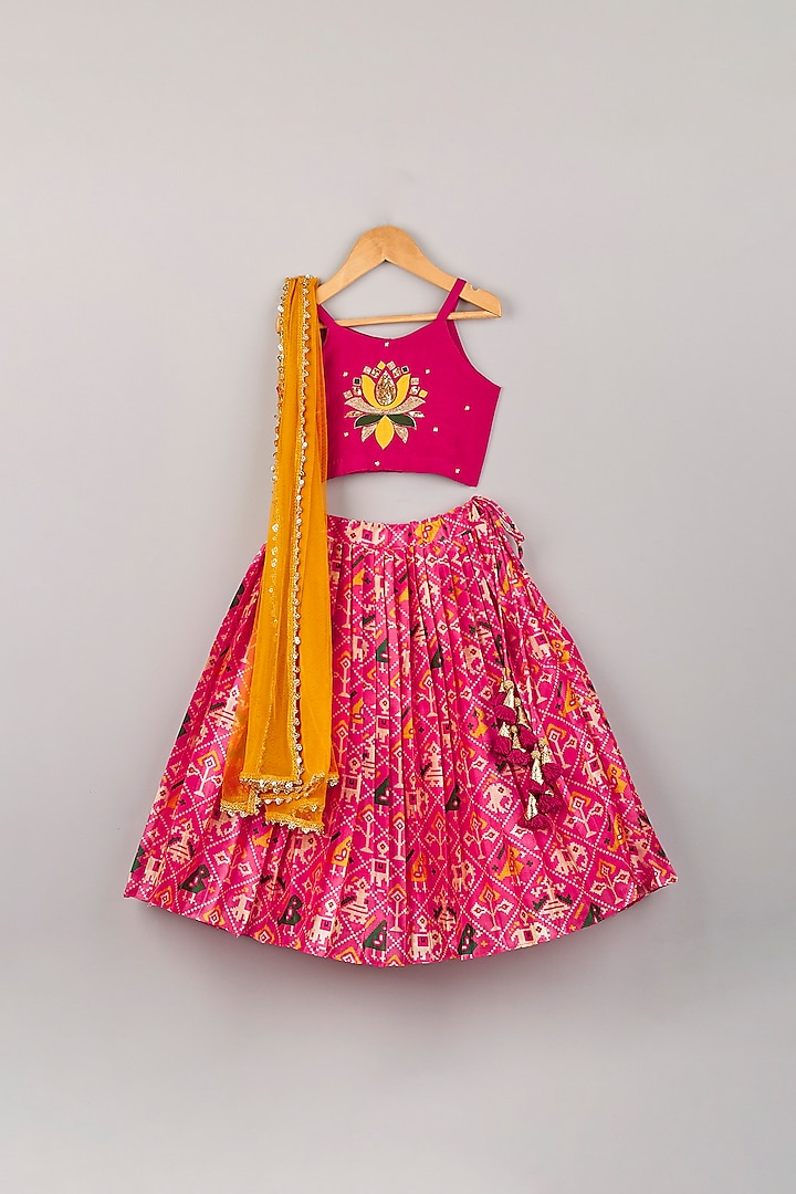Coral Red Patola Printed Lehenga Set For Girls by P & S Co