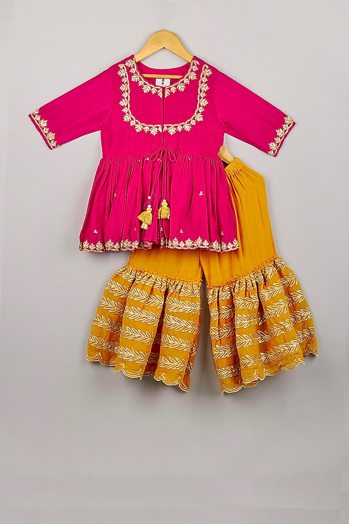 Fuchsia Pink & Mustard Embroidered Sharara Set For Girls by P & S Co