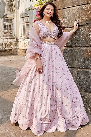 Rosy Pink Linen Kali Lehenga Set by Pasha