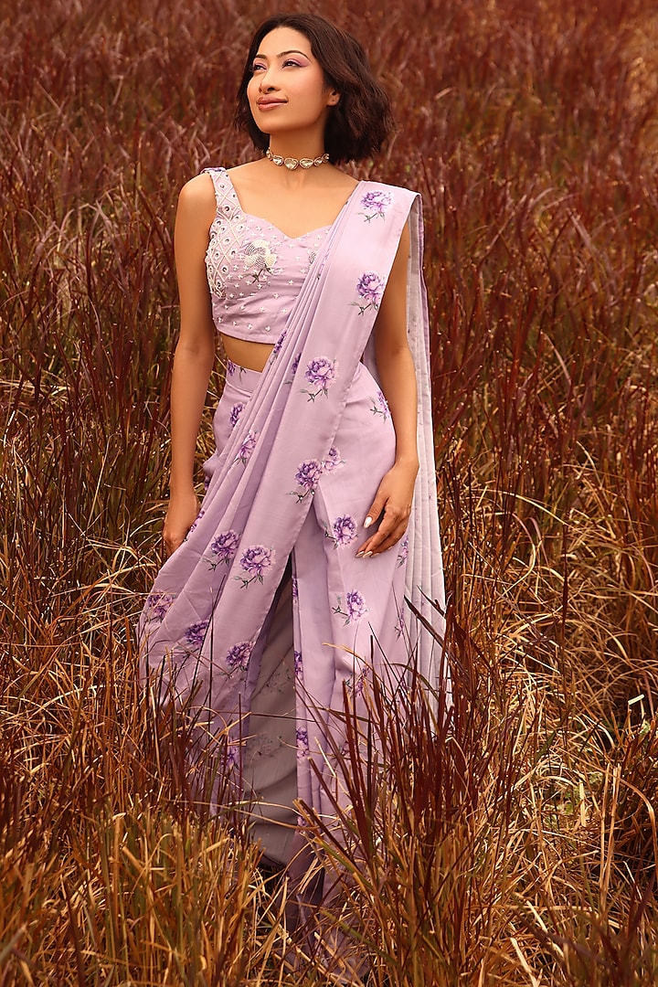 Lilac Linen Printed Draped Pant Saree Set
 by Pasha