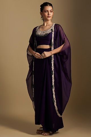 Black Organza Maal & Dori Work Cape Set by Prisho