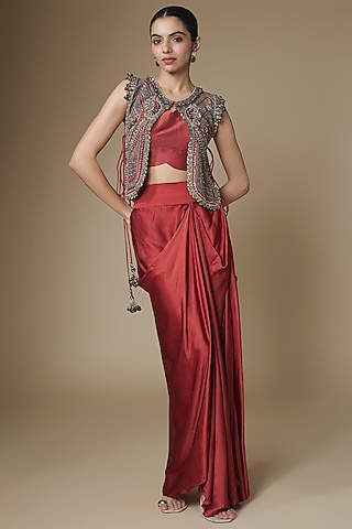 Deep Orange Modal Satin Skirt Set by Prisho