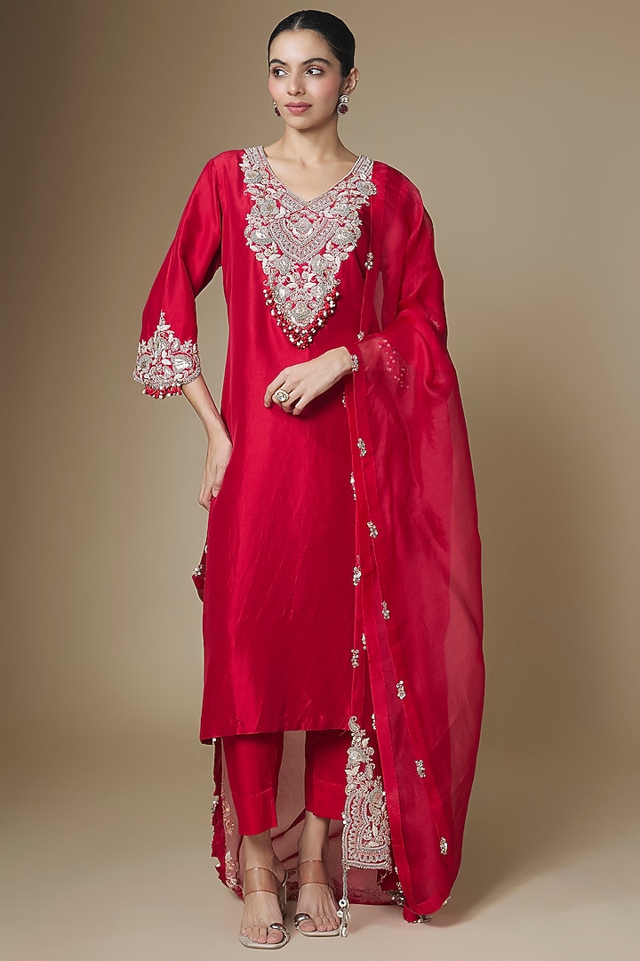 Red Silk Gota Work Kurta Set by Prisho at Pernia's Pop Up Shop