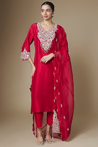 Red Silk Gota Work Kurta Set by Prisho