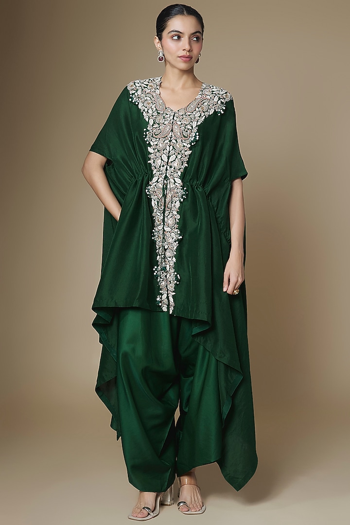 Bottle Green Silk Gota Work Kaftan Set by Prisho at Pernia's Pop Up Shop