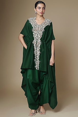 Bottle Green Silk Gota Embroidered Kaftan Set by Prisho