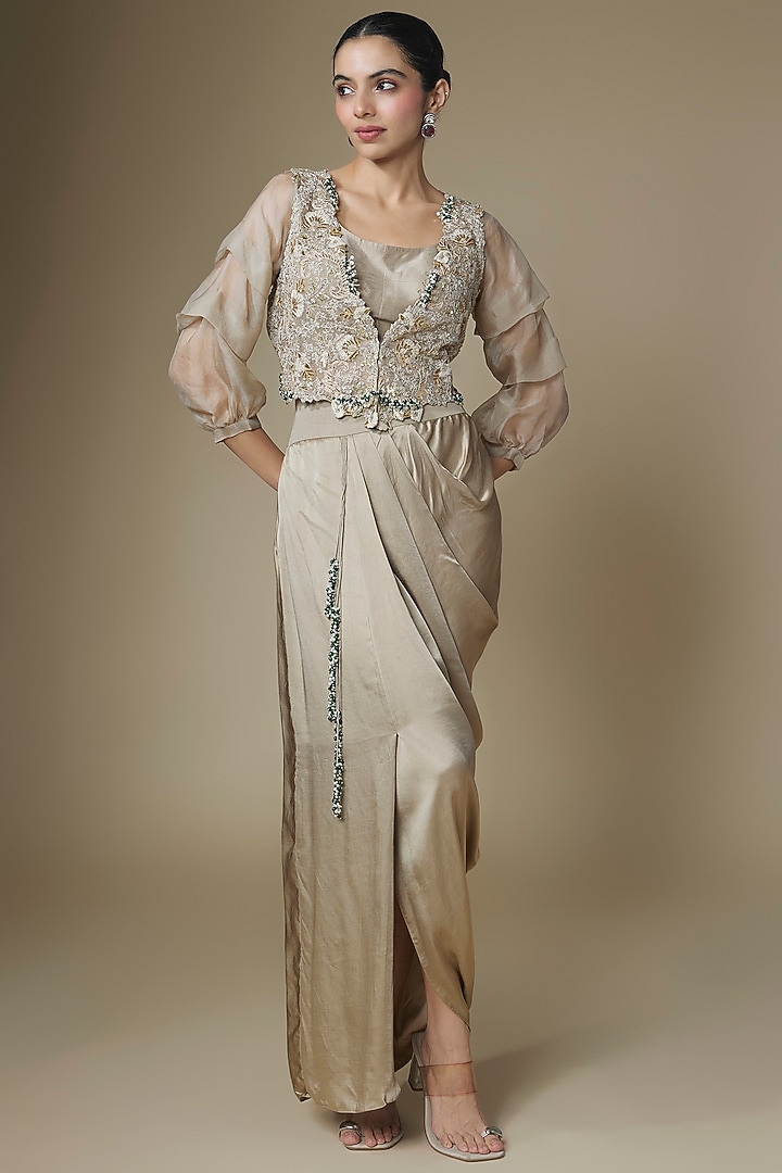Champagne Modal Satin Skirt Set by Prisho at Pernia's Pop Up Shop