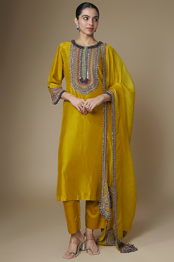 Mustard Silk Thread Work Kurta Set by Prisho at Pernia's Pop Up Shop