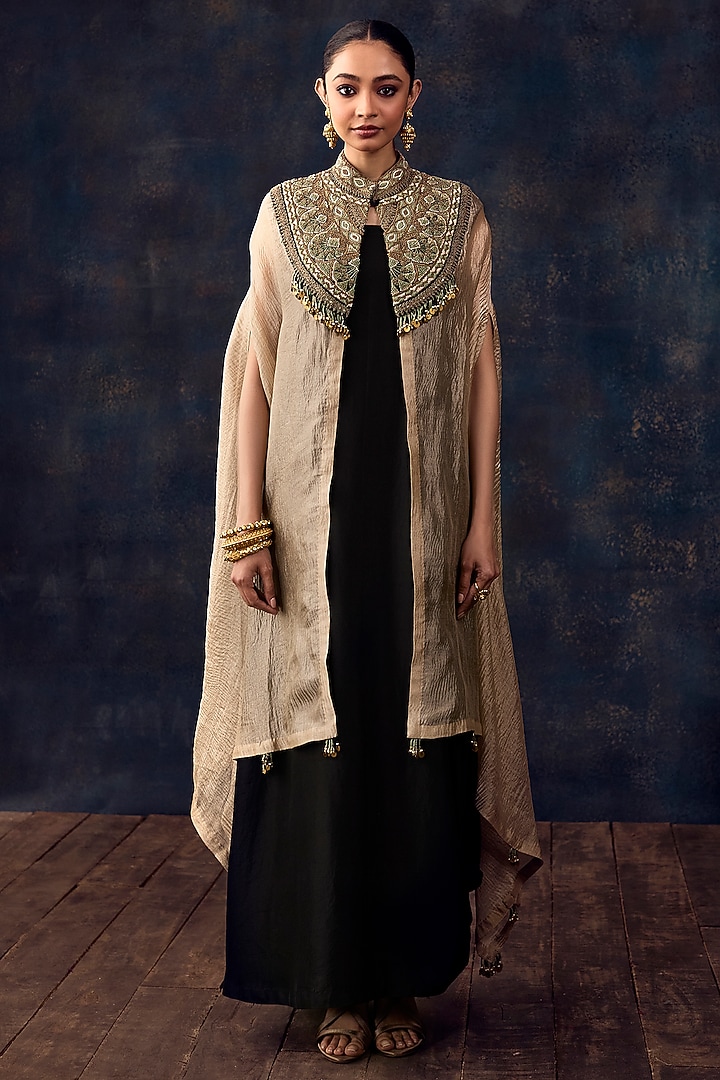 Beige & Black Crushed Tissue Jacket Cocktail Dress by Prisho at Pernia's Pop Up Shop
