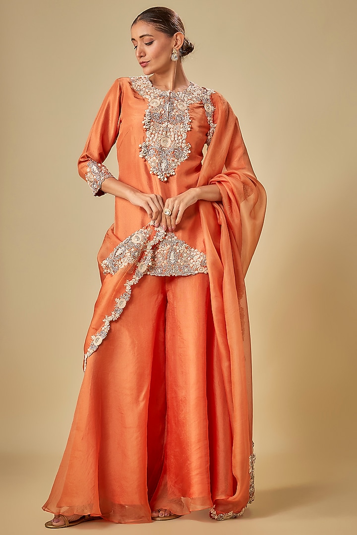 Rust Silk Resham Work Kurta Set by Prisho at Pernia's Pop Up Shop
