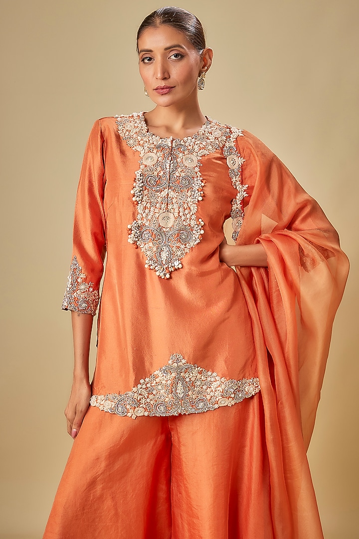 Rust Silk Resham Work Kurta Set by Prisho at Pernia's Pop Up Shop