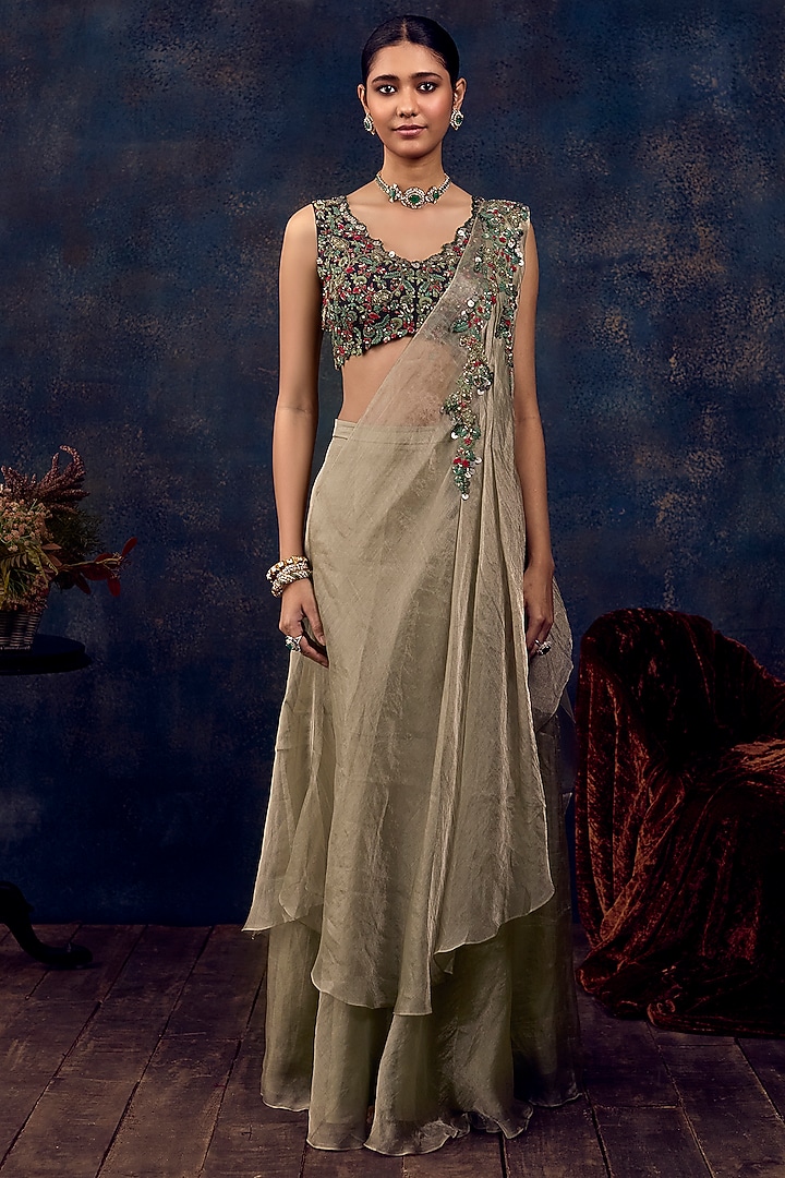Blush Aqua Silk & Tissue Draped Skirt Wedding Saree Set by Prisho at Pernia's Pop Up Shop