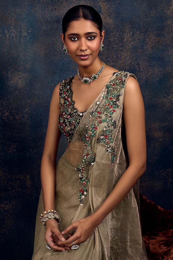 Blush Aqua Silk & Tissue Draped Skirt Wedding Saree Set by Prisho at Pernia's Pop Up Shop