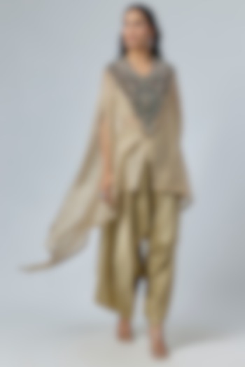 Champagne Crushed Tissue Dori Embroidered Kaftan Set by Prisho at Pernia's Pop Up Shop