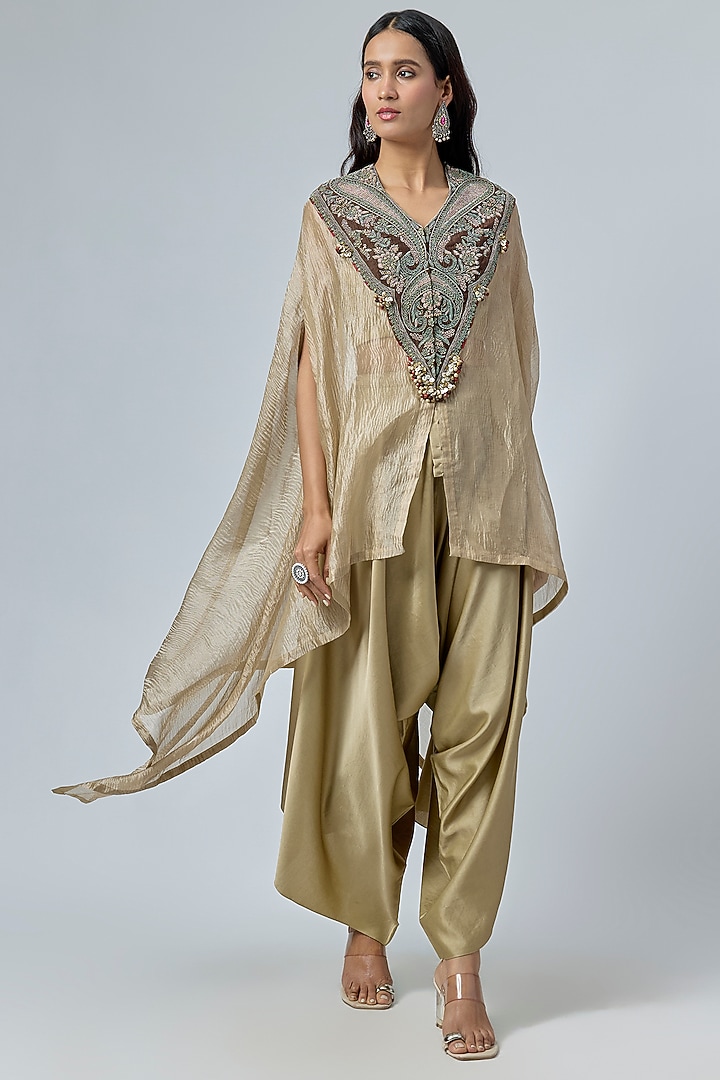 Champagne Crushed Tissue Dori Embroidered Kaftan Set by Prisho at Pernia's Pop Up Shop