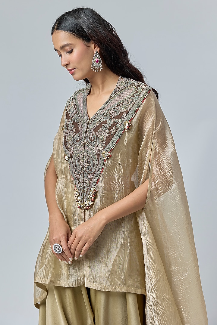 Champagne Crushed Tissue Dori Embroidered Kaftan Set by Prisho at Pernia's Pop Up Shop