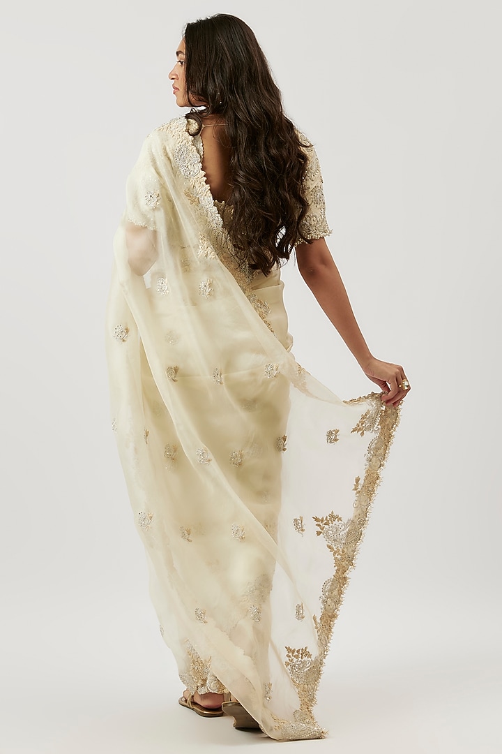 Ivory Organza Zari Work Reception Saree Set by Prisho at Pernia's Pop Up Shop