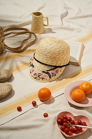 Beige Natural Wheat Straw Floral Embroidered Cap by PAYAL SINGHAL ACCESSORIES