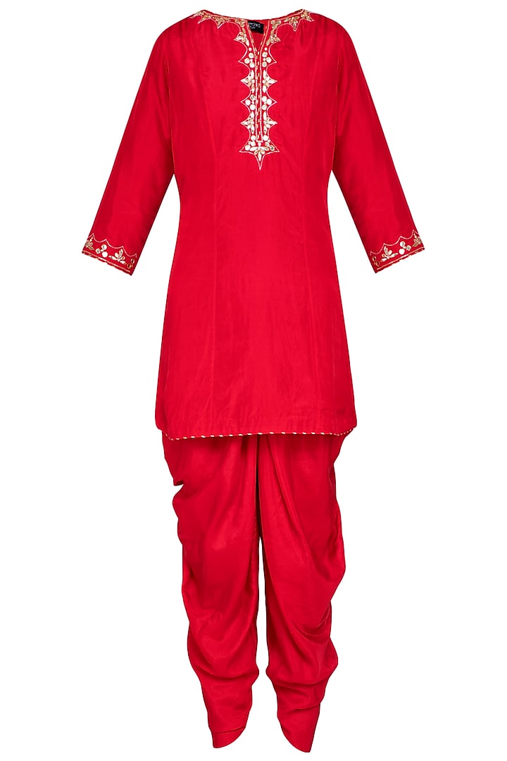 Red kurta with dhoti pants set by Priyanka Singh