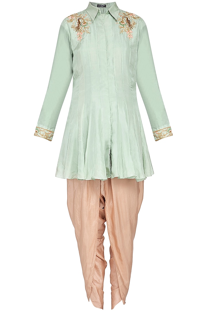 Pista green kurta with beige dhoti pants set by Priyanka Singh