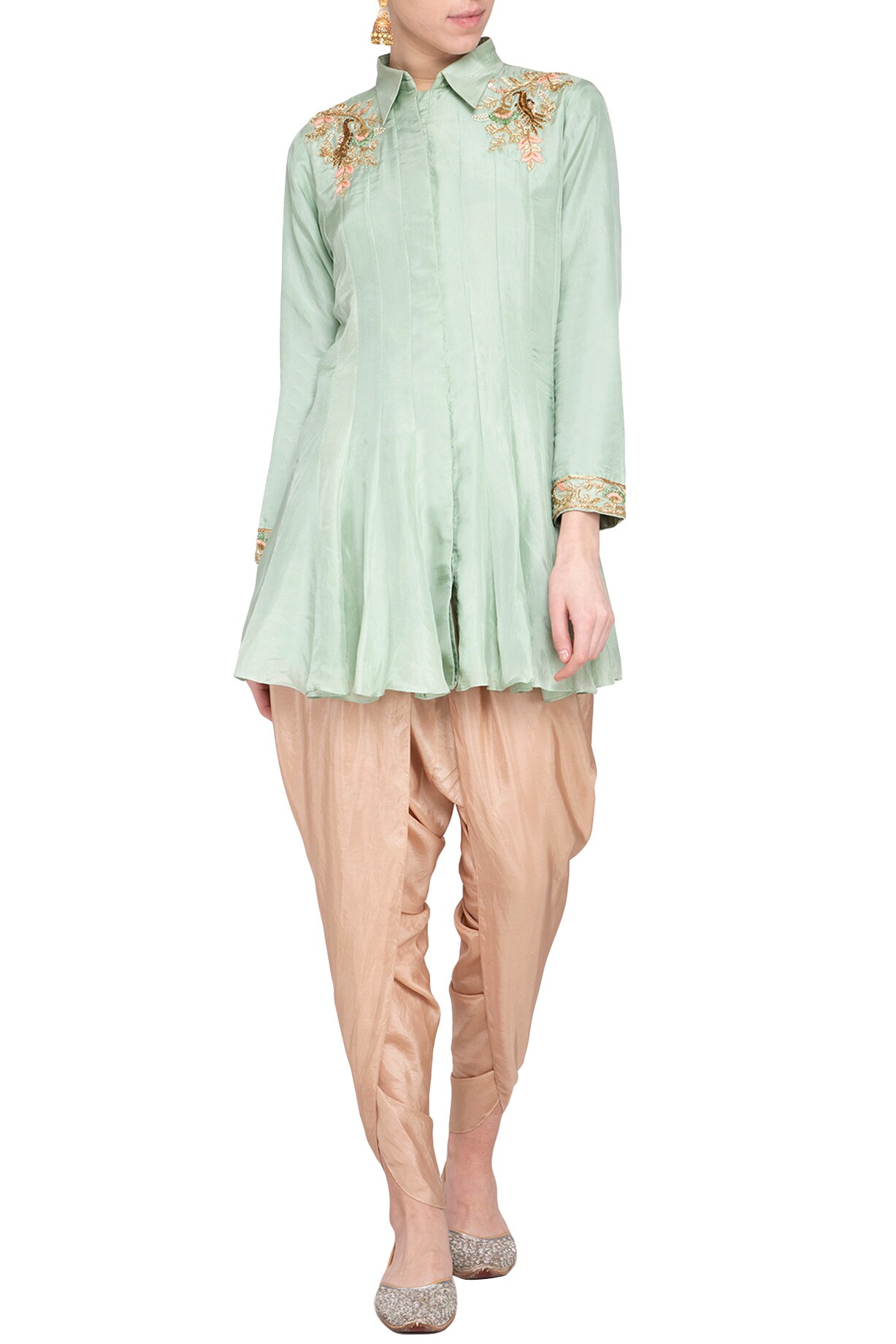 Pista Green Kurta Silk With Jacquard Dhoti main image 0