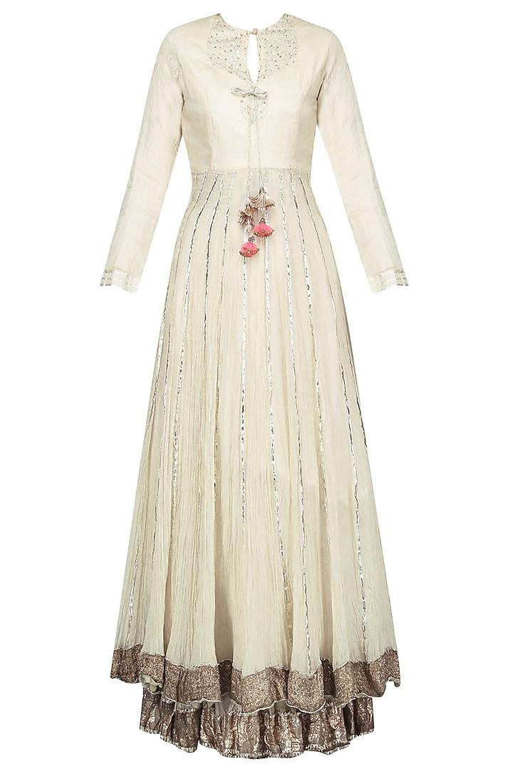 Off White Embroidered Double Layer Anarkali Set by Priyanka Singh
