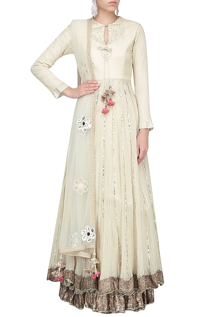 Off white embroidered double layer anarkali set available only at Pernia's Pop Up Shop.