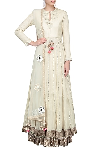 Off White Embroidered Double Layer Anarkali Set by Priyanka Singh