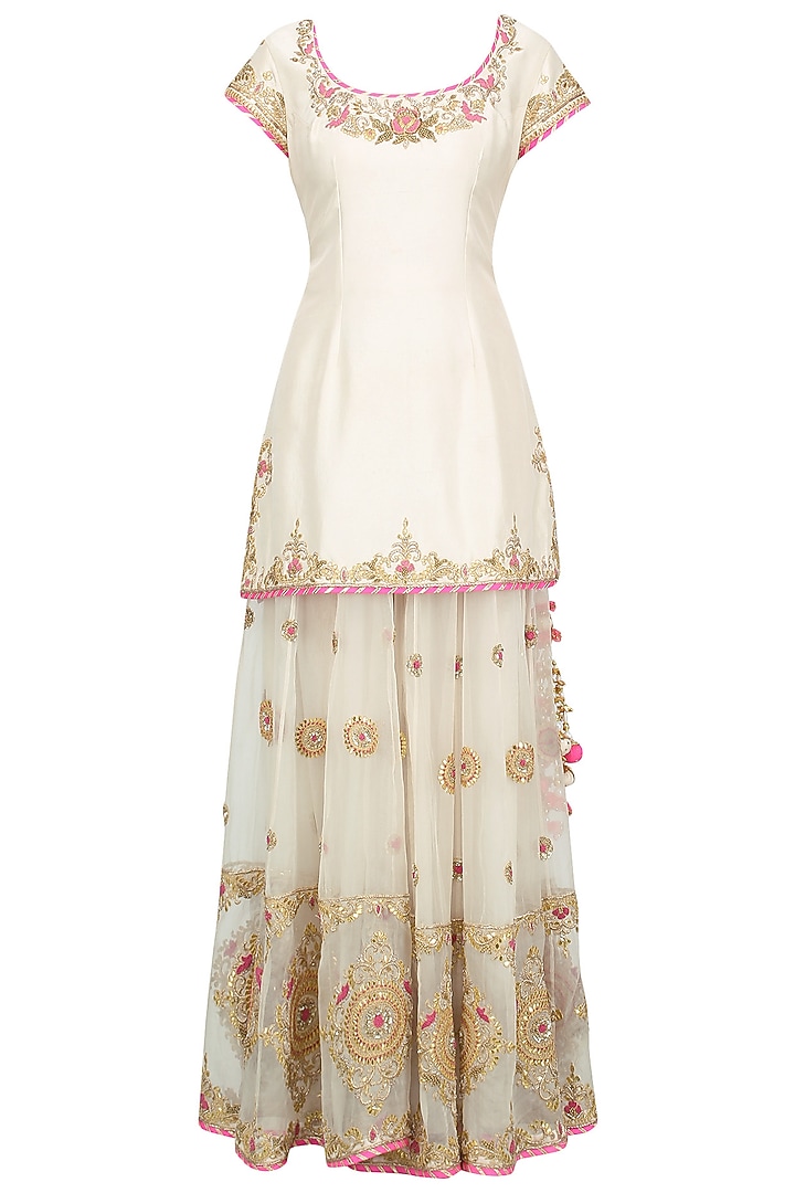 Off white and pink embroidered sharara set available only at Pernia's Pop Up Shop.
