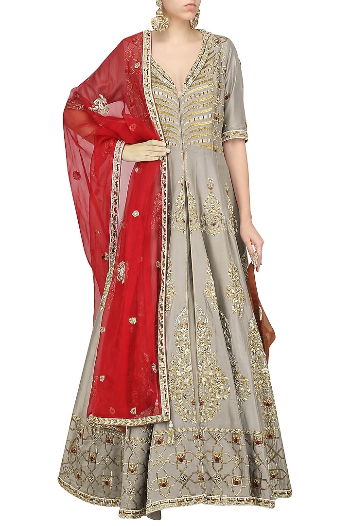 Grey embroidered anarkali jacket and lehenga set available only at Pernia's Pop Up Shop.
