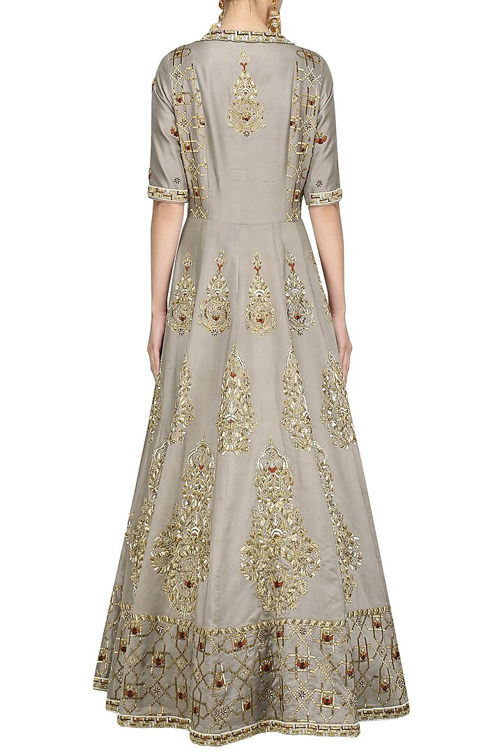 Grey embroidered anarkali jacket and lehenga set available only at Pernia's Pop Up Shop.