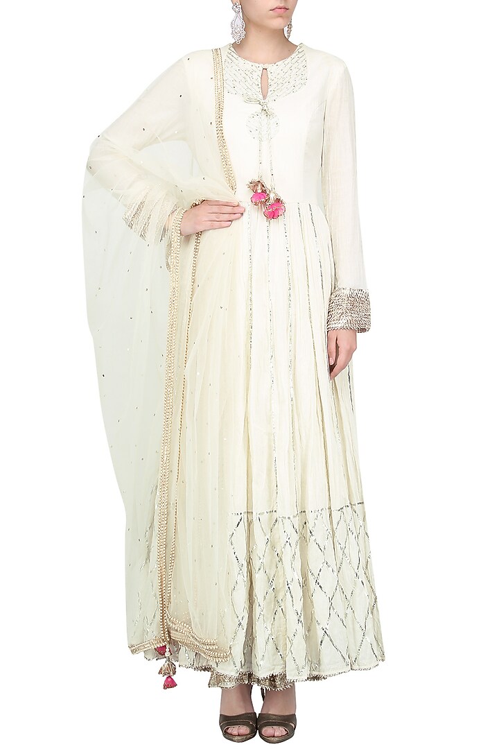 Off white double layer anarkali set available only at Pernia's Pop Up Shop.