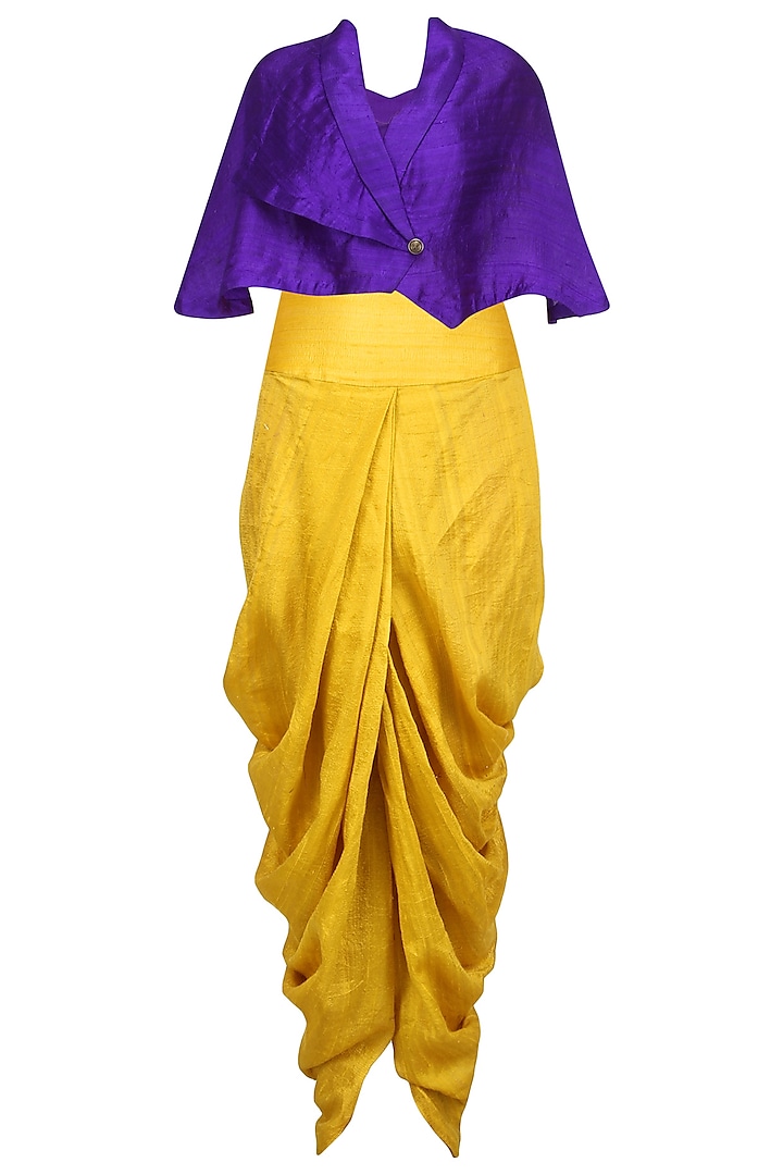 Purple Wrapped Cape with Mustard Dhoti Pants by Priyanka Singh