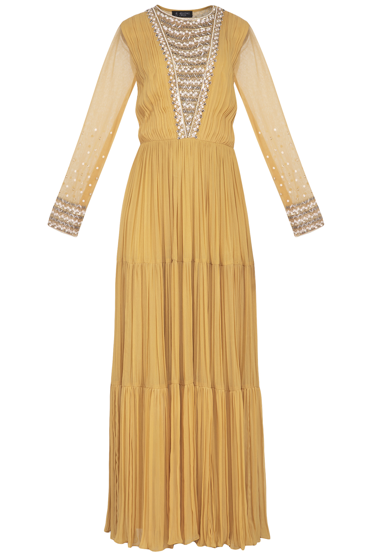 Mustard Embroidered Tiered Kurta With Dupatta by Priyanka Singh at Pernia's Pop Up Shop