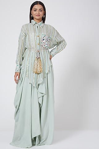 Mint Green Skirt Set With Mirror Work by Priyanka Singh