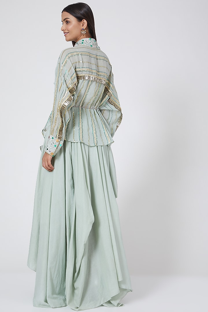 Mint Green Skirt Set With Mirror Work by Priyanka Singh at Pernia's Pop Up Shop
