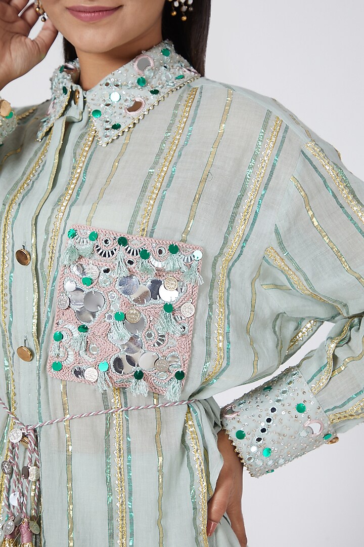 Mint Green Skirt Set With Mirror Work by Priyanka Singh at Pernia's Pop Up Shop
