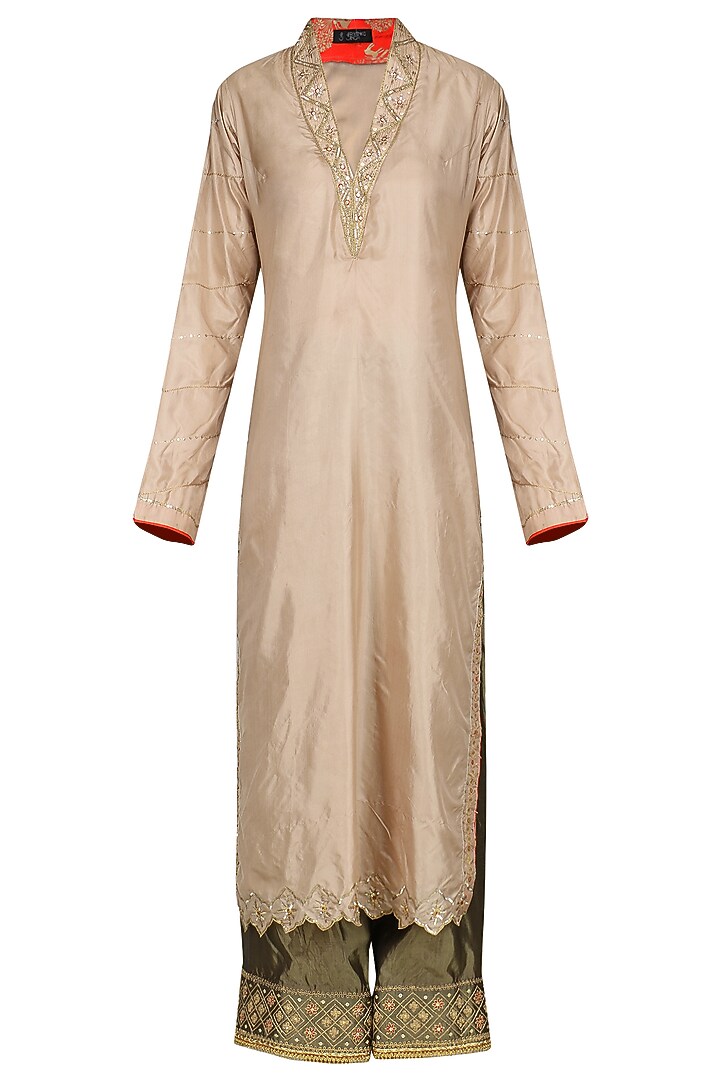 Beige embroidered kurta set available only at Pernia's Pop Up Shop.