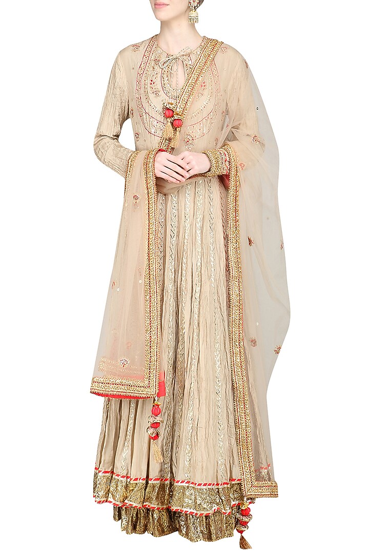 Beige embroidered lehenga set available only at Pernia's Pop Up Shop.