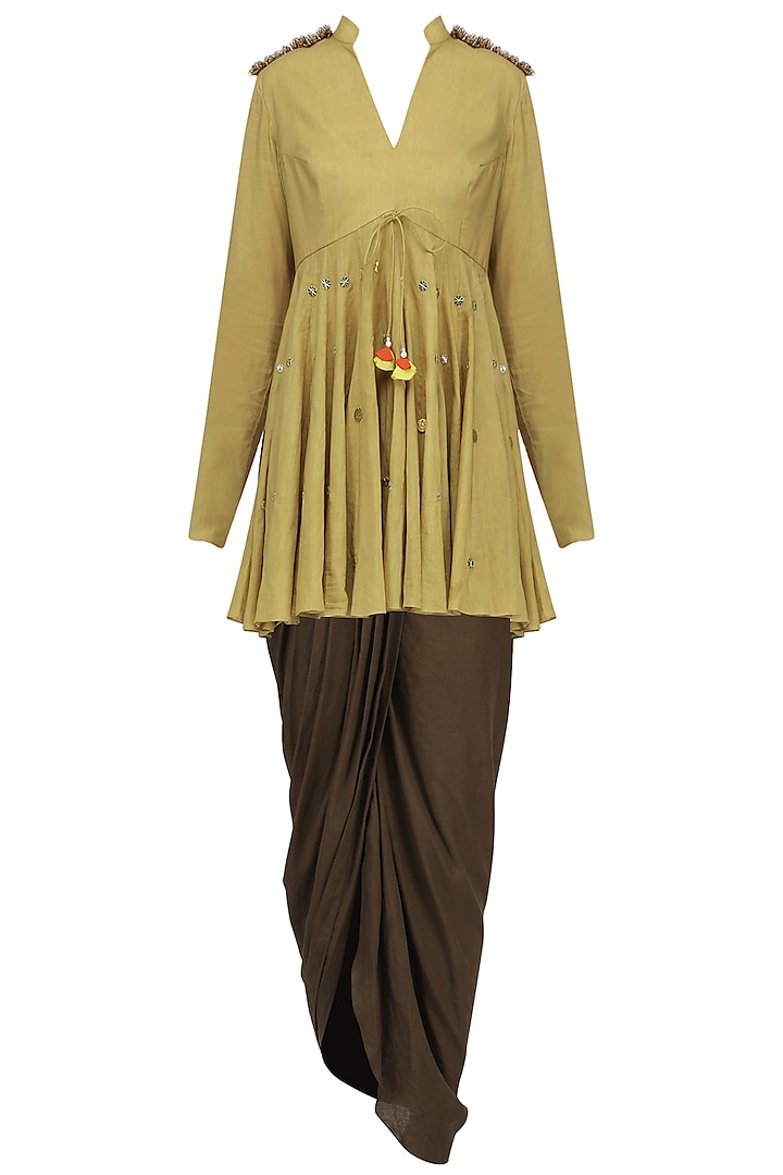 Mustard Sequins Embroidered Peplum Top with Dhoti Set by Priyanka Singh