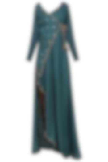 Blue angrakha embroidered kurta with dhoti set available only at Pernia's Pop Up Shop.