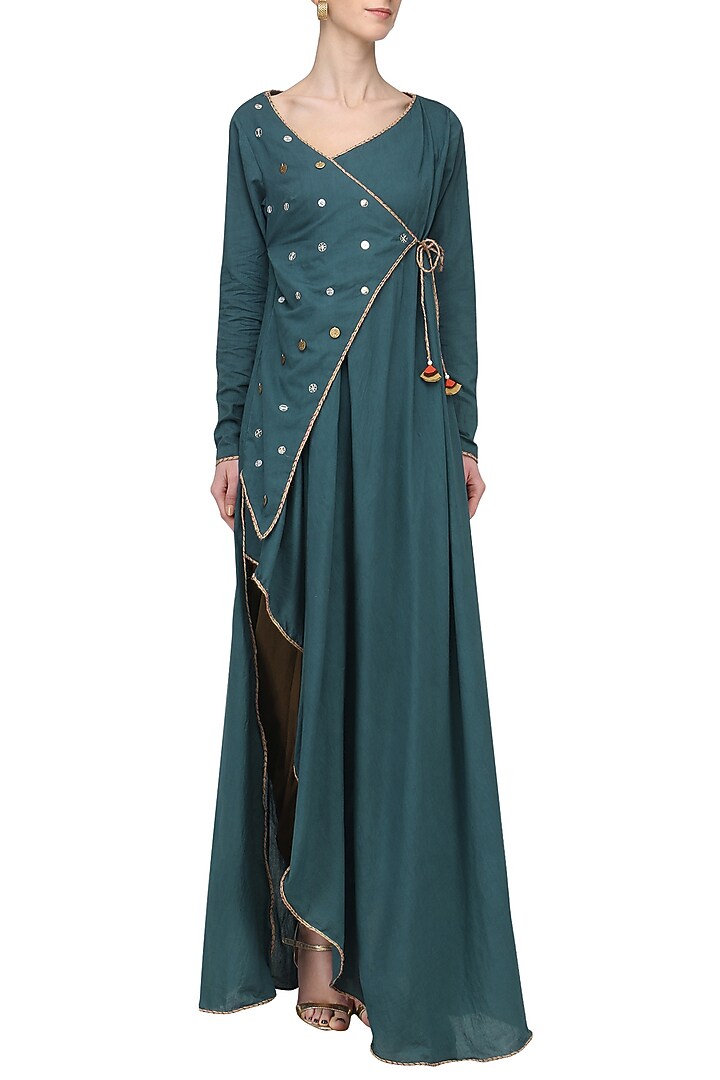 Blue angrakha embroidered kurta with dhoti set available only at Pernia's Pop Up Shop.