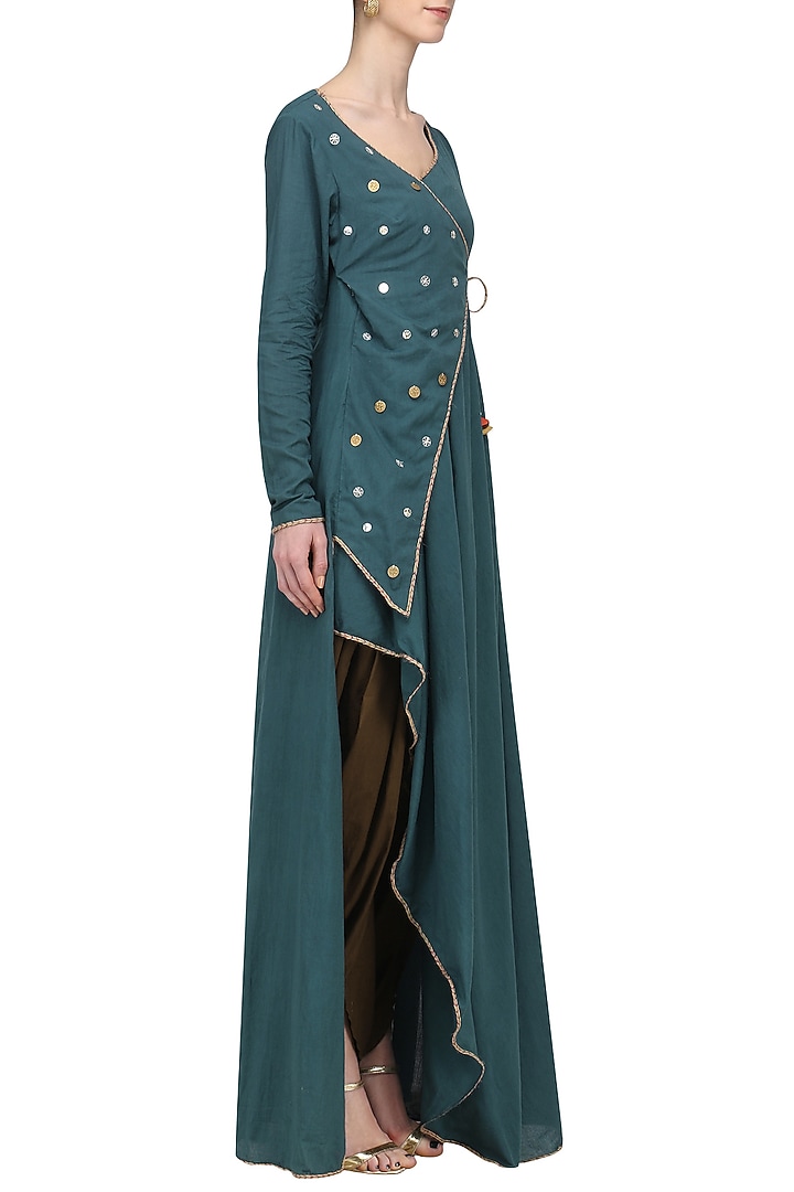 Blue angrakha embroidered kurta with dhoti set available only at Pernia's Pop Up Shop.