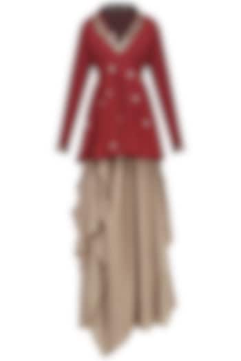 Red Embroidered Peplum with Brown Drape Skirt Set by Priyanka Singh