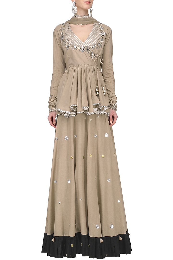 Beige metal sequins embroidered lehenga set available only at Pernia's Pop Up Shop.