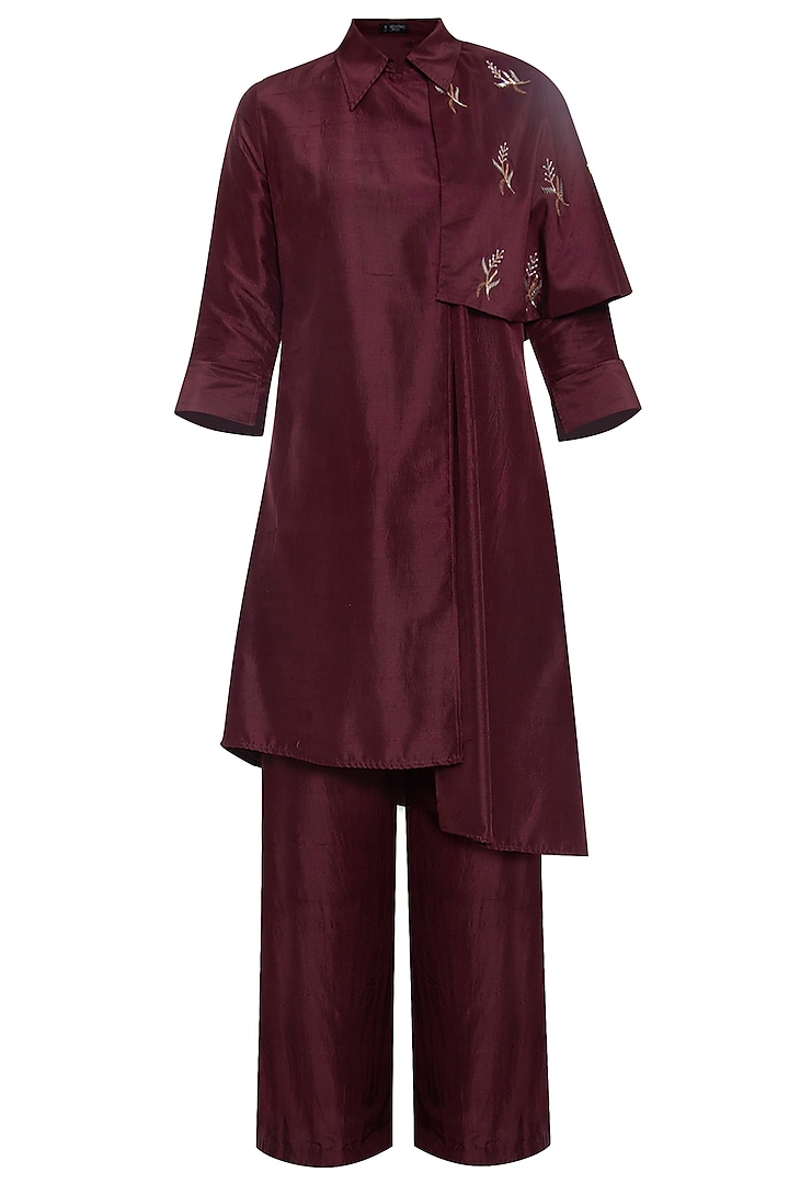 Maroon trench coat with pants by PRIYANKA SINGH